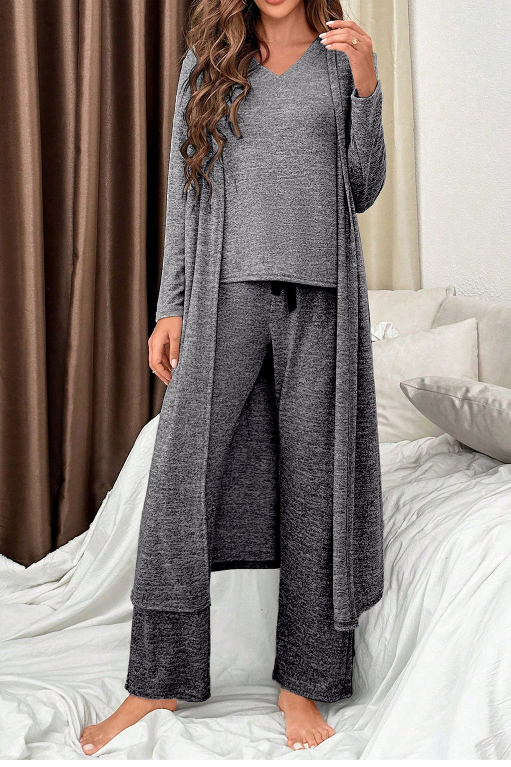 Delicacy 3pcs V Neck T Shirt Ribbon Knot Pants Open Duster 3pcs Lounge Set