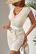 Beige Open Knit Drawstring Waist Beach Dress