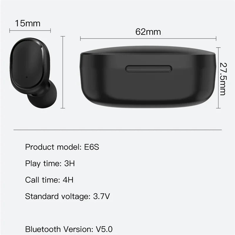 E6S TWS Wireless Bluetooth Earphones Digital Display Noise Cancelling Earbuds with Mic HiFi Stereo Sound Headset for Smartphones