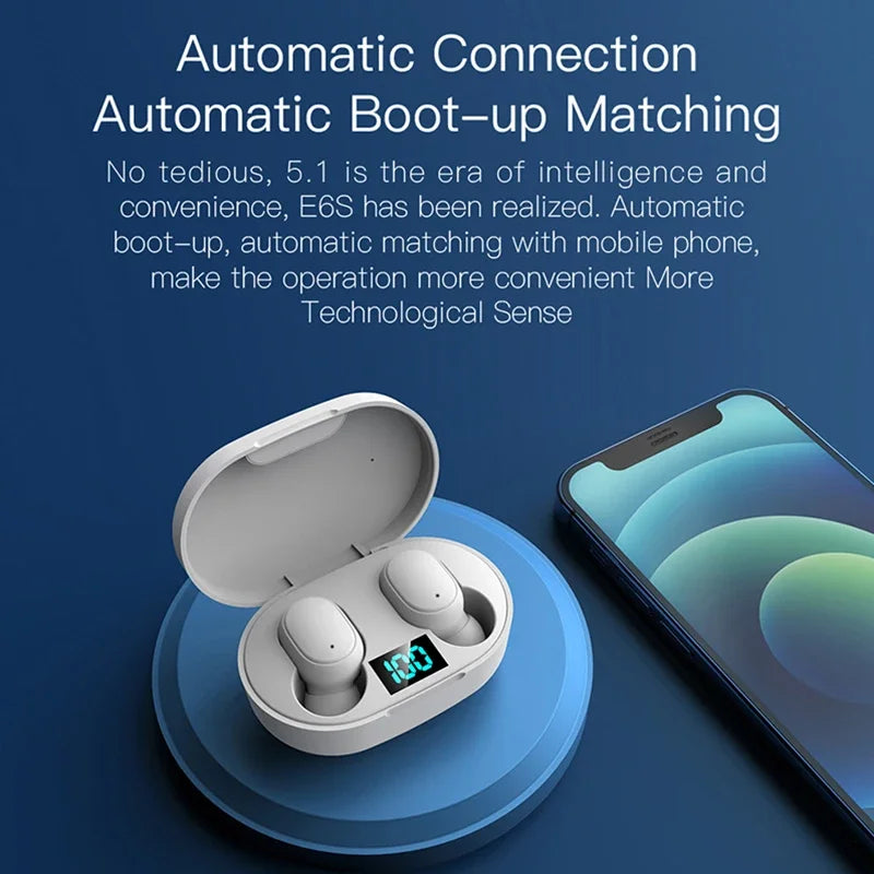 E6S TWS Wireless Bluetooth Earphones Digital Display Noise Cancelling Earbuds with Mic HiFi Stereo Sound Headset for Smartphones