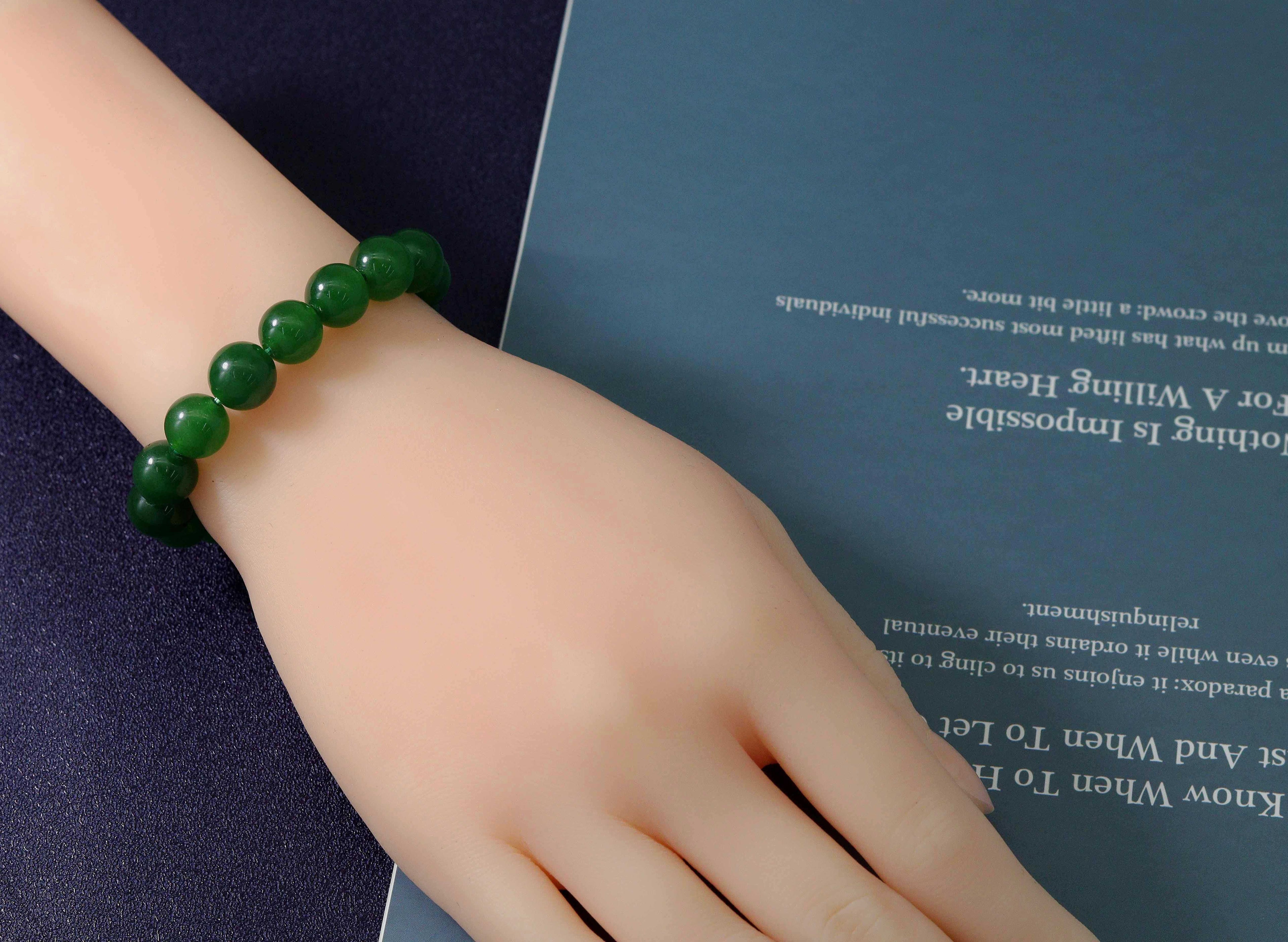 Green Jade Round Smooth Stretchy Braclet, Sku#EF107