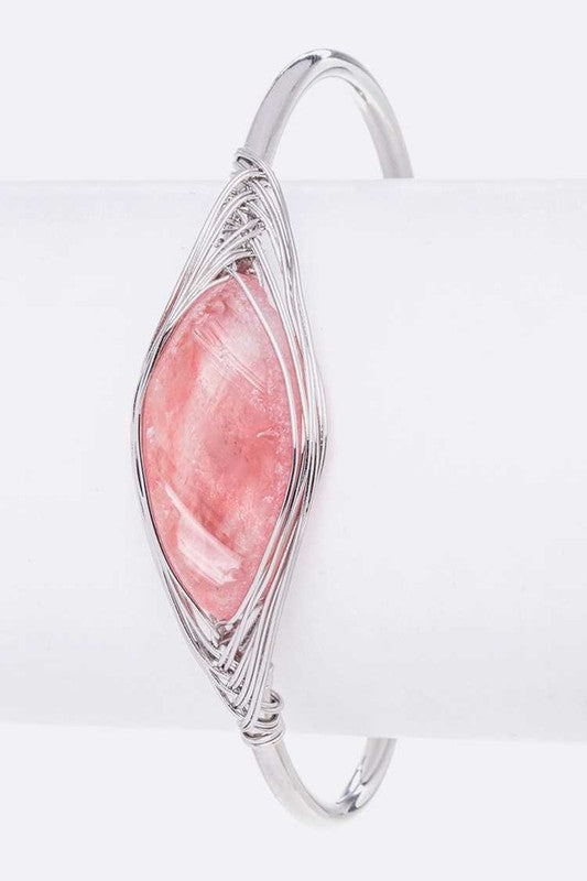 Rock Crystal Wire Wrapped Adjustable Bracelet Pink Stone